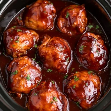 Slow Cooker BBQ Chicken Thighs served with sauce and garnished herbs