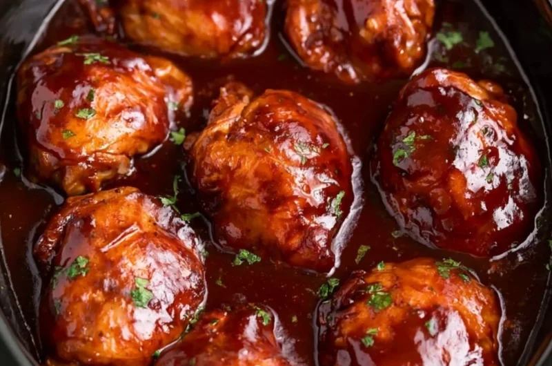 Slow Cooker BBQ Chicken Thighs served with sauce and garnished herbs