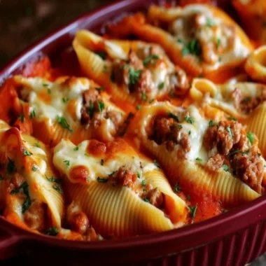Delicious stuffed shells filled with ground beef and cheese, garnished with sauce.