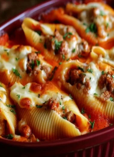 Delicious stuffed shells filled with ground beef and cheese, garnished with sauce.