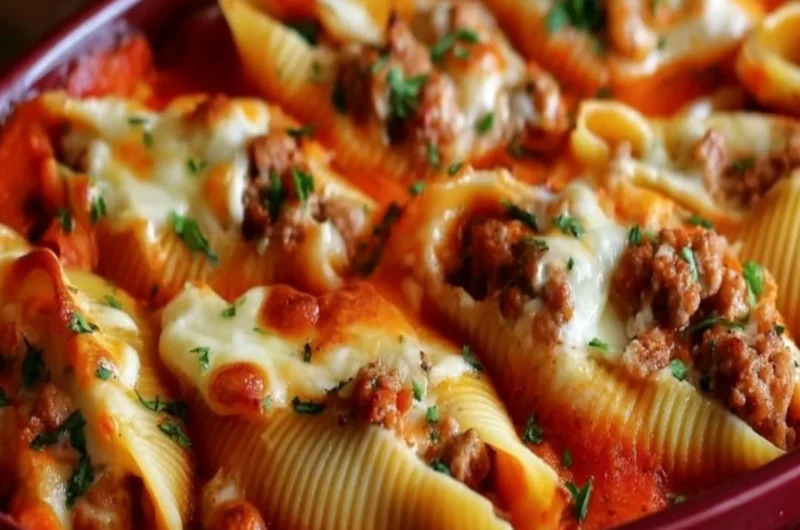 Delicious stuffed shells filled with ground beef and cheese, garnished with sauce.
