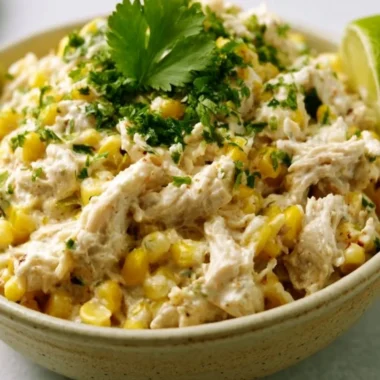 Crockpot street corn chicken dish with fresh ingredients ready to serve.